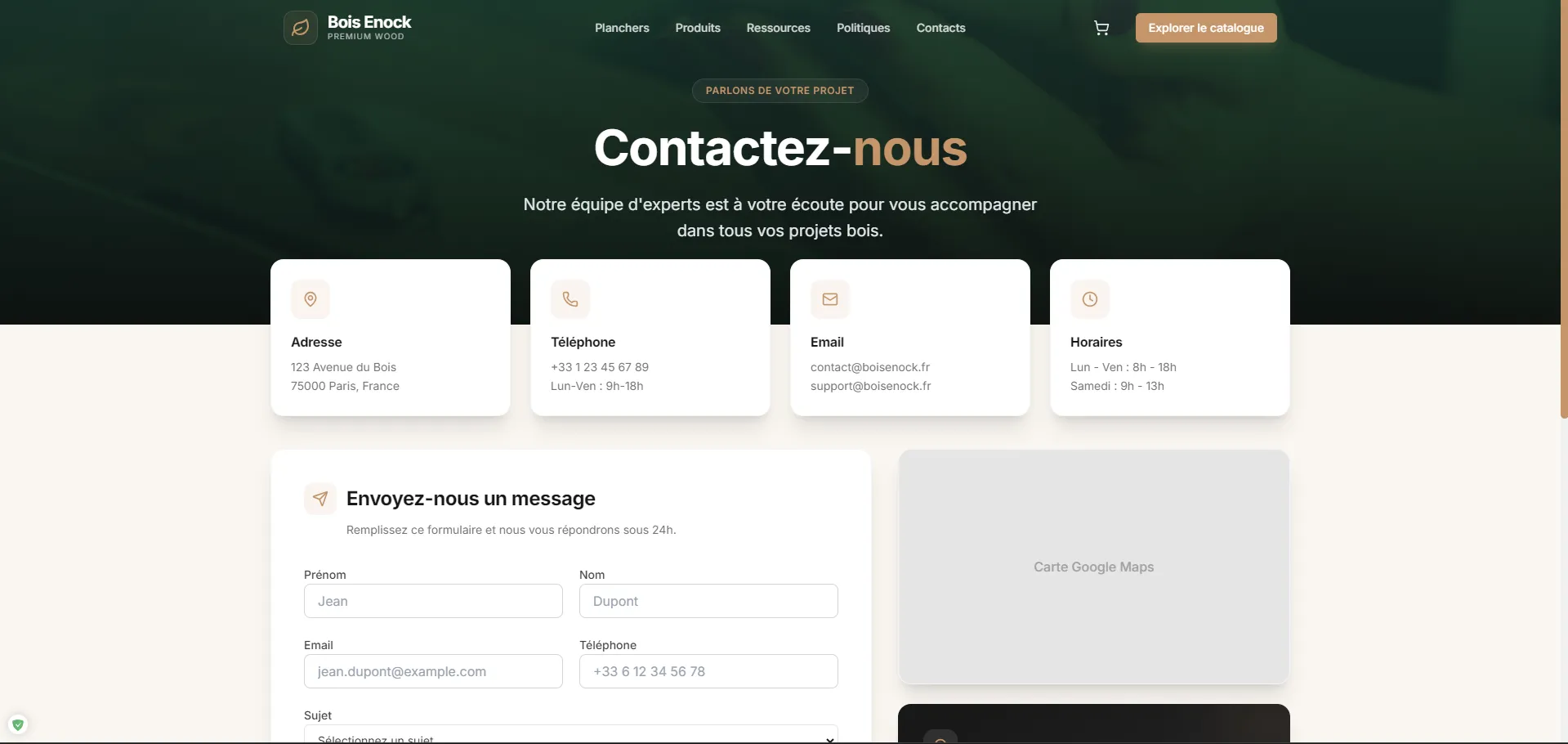 Page contact avec formulaire adresse telephone et horaires