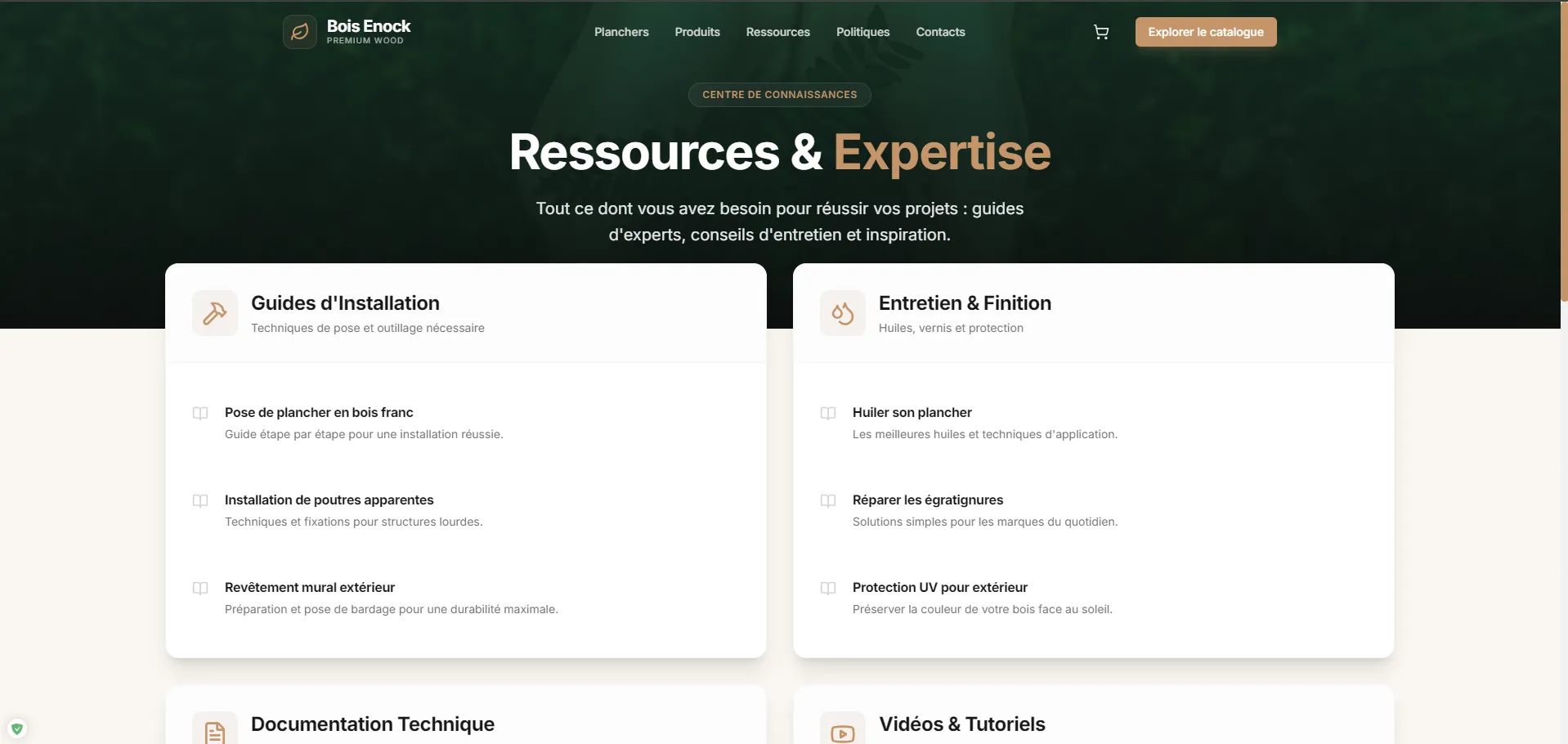Page ressources et expertise avec guides installation et entretien